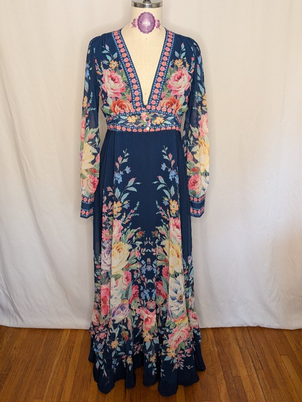 NWT Dalia Macphee Boho Floral V-Neck Long Sleeve Maxi Gown - Size XLarge